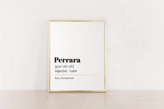 A framed picture of the word "perrara" along with its description, the perfect way to describe Perrara and our fine jewelry products.