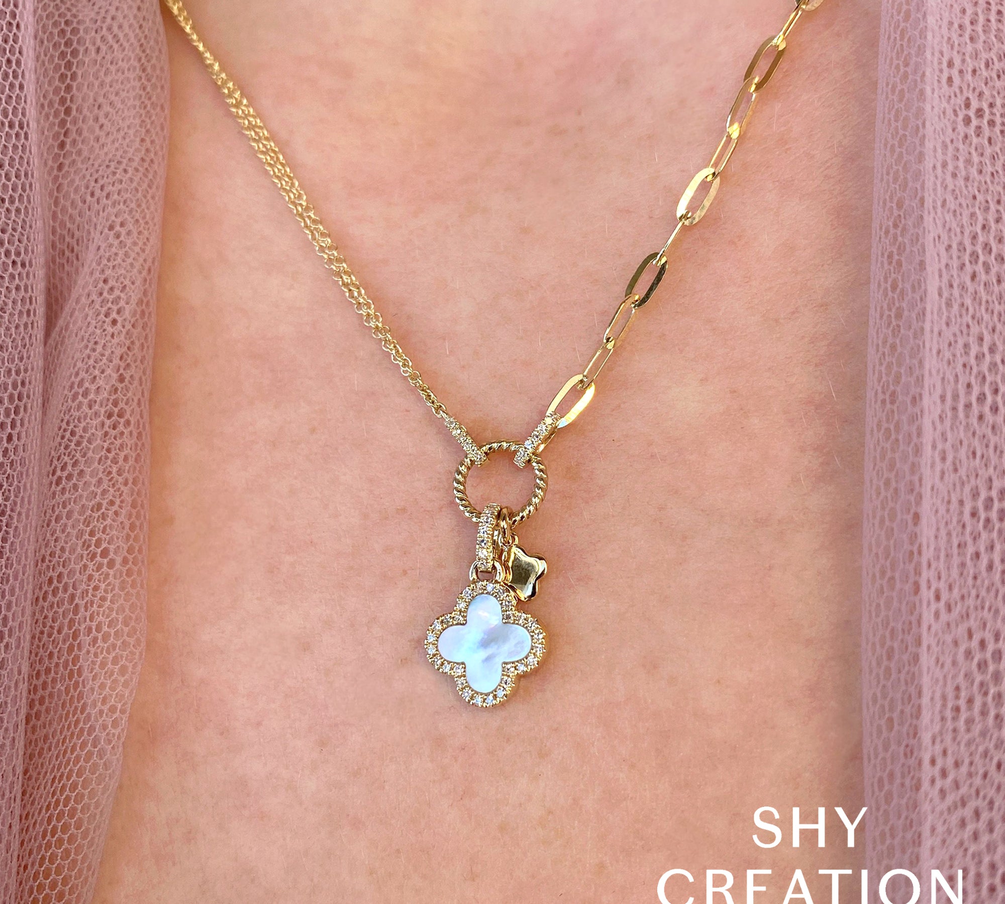 Clover Paper Clip Link Diamond Necklace by Shy Creation