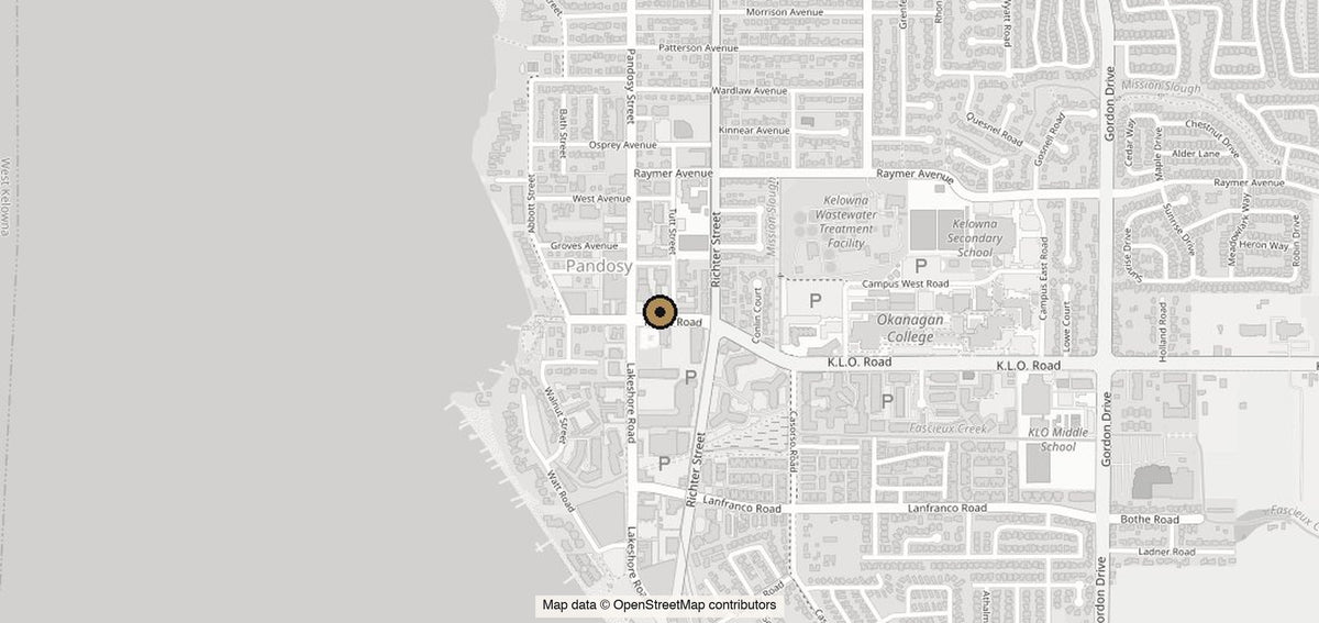 Map showing Perrara Fine Jewelry at 590 KLO Road in the Pandosy area of Kelowna